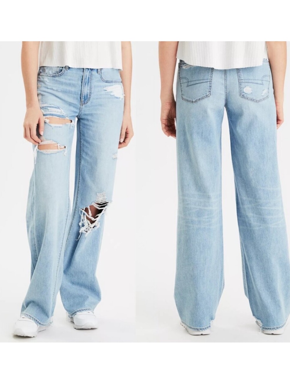 American Eagle Skater Jean size 6 Blue Slouchy Wide Leg Ripped
Rigid Cotton
